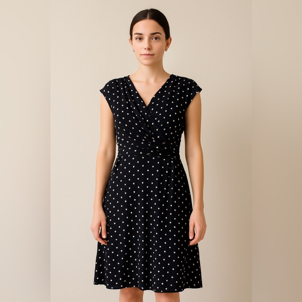 Lauren Ralph Lauren Black White Polka Dot Cowl Neck Dress Size 14 wrinkle free